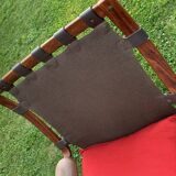 Brown and purple cantilever armchair in fabric and leather, 1970s Scandinavian style.