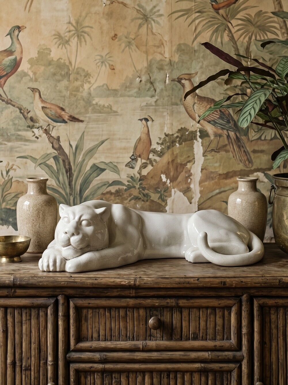 Large elongated panther in crackled earthenware, vintage 1960s-1980s.