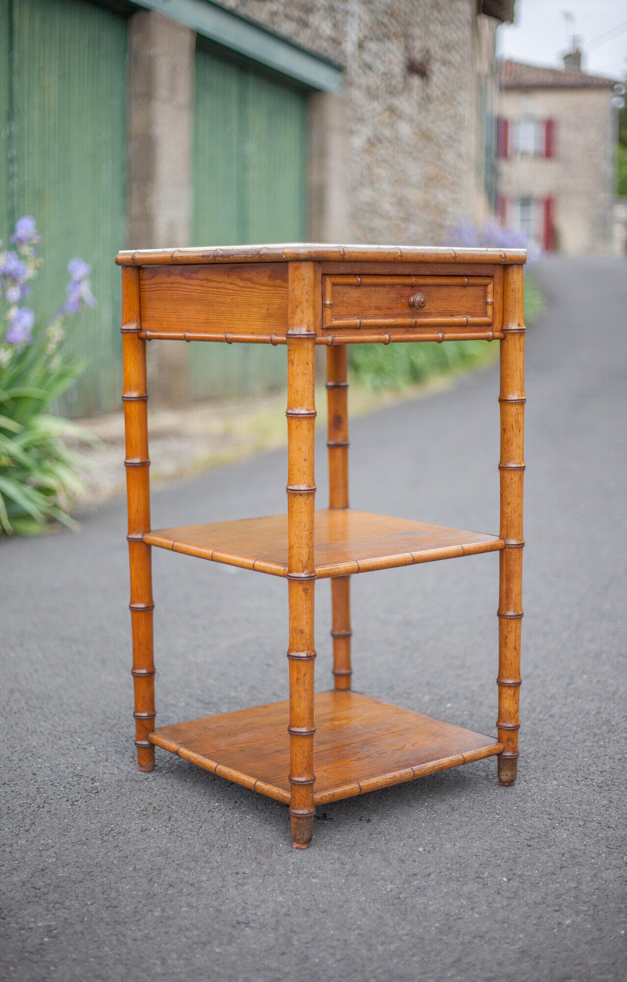 Bedside table wood imitation bamboo and marble colonial style, pedestal table, furniture 1 old drawer
