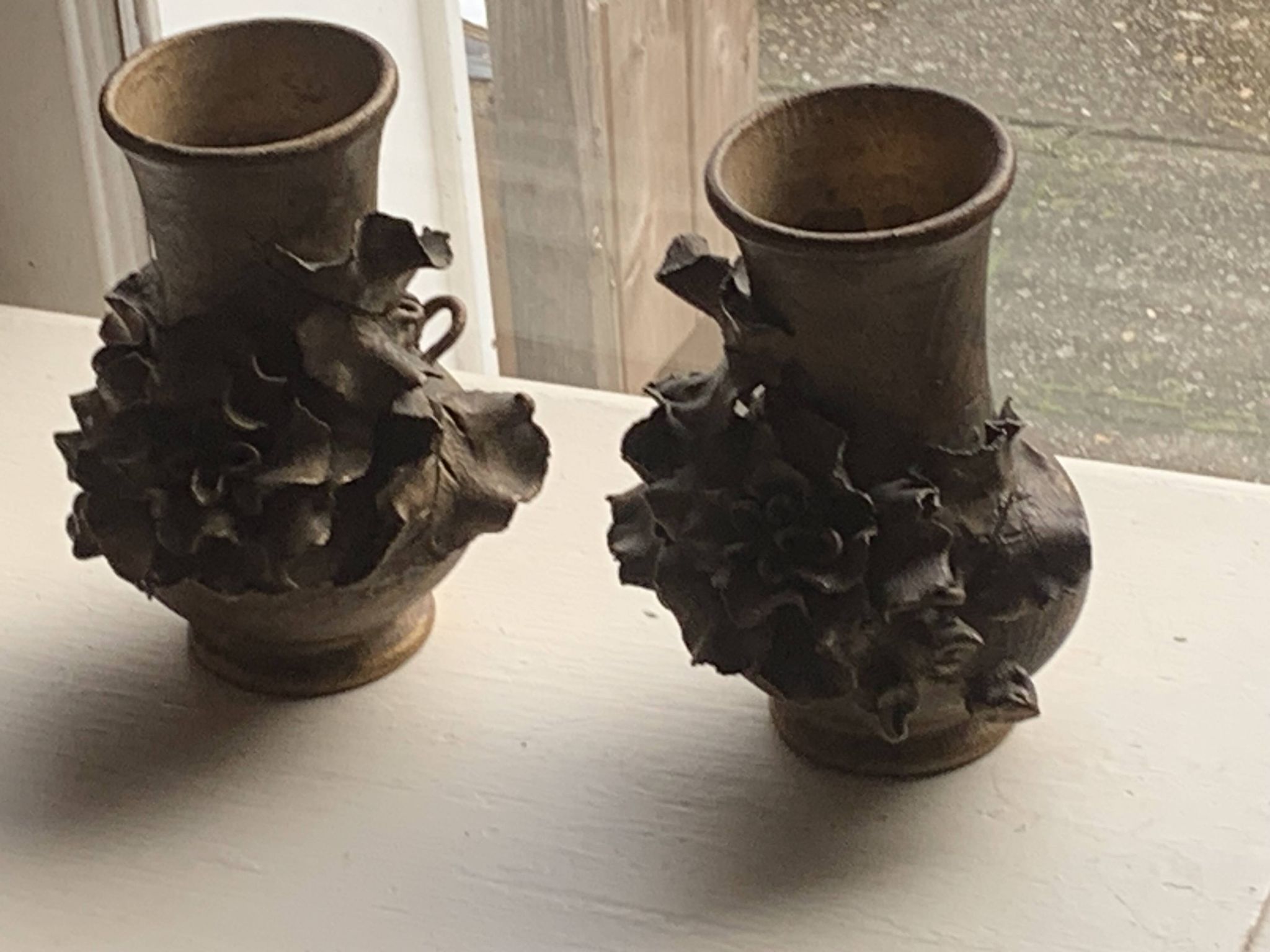 Pair of slip vases, ceramic with golden patina, signed Édouard Gilles.
