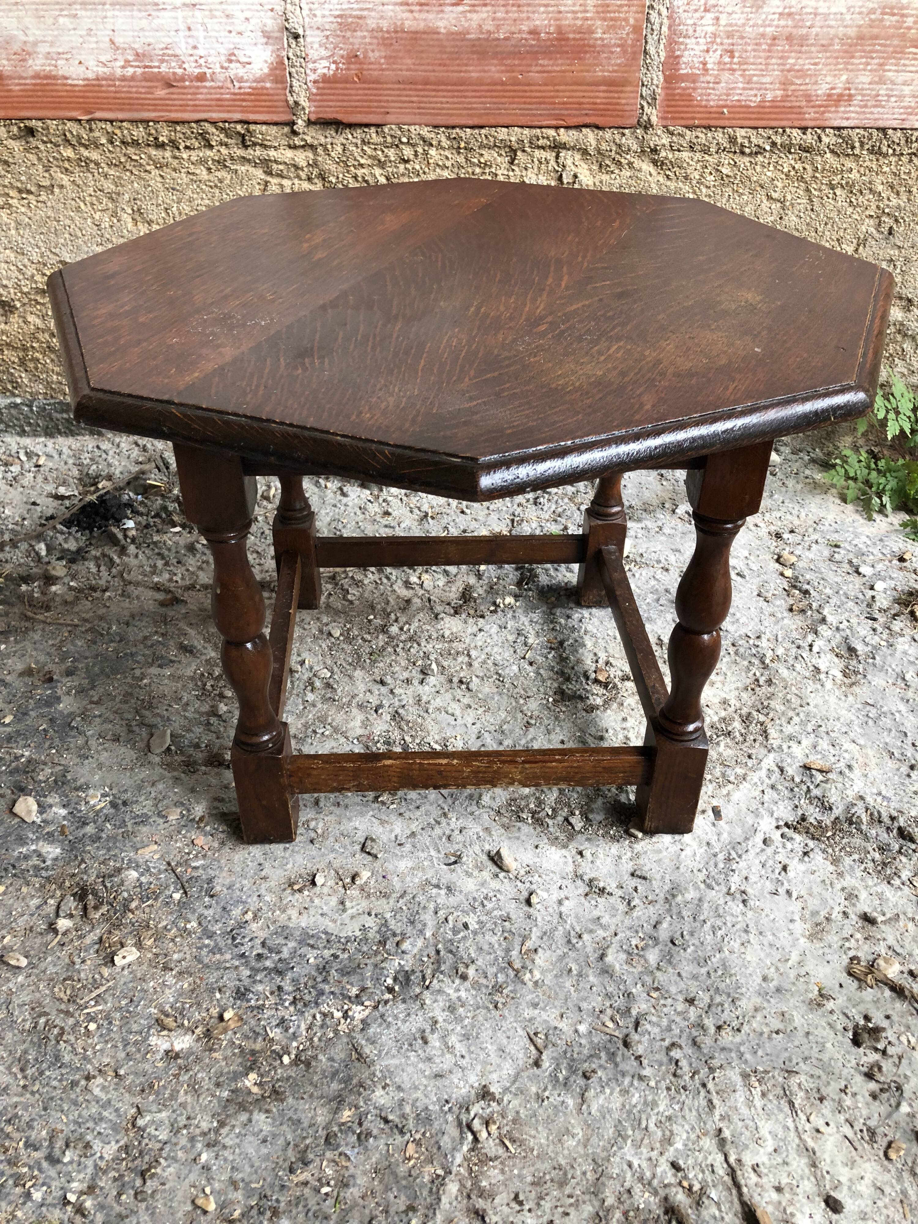 Old octagonal coffee table wood turned feet vintage