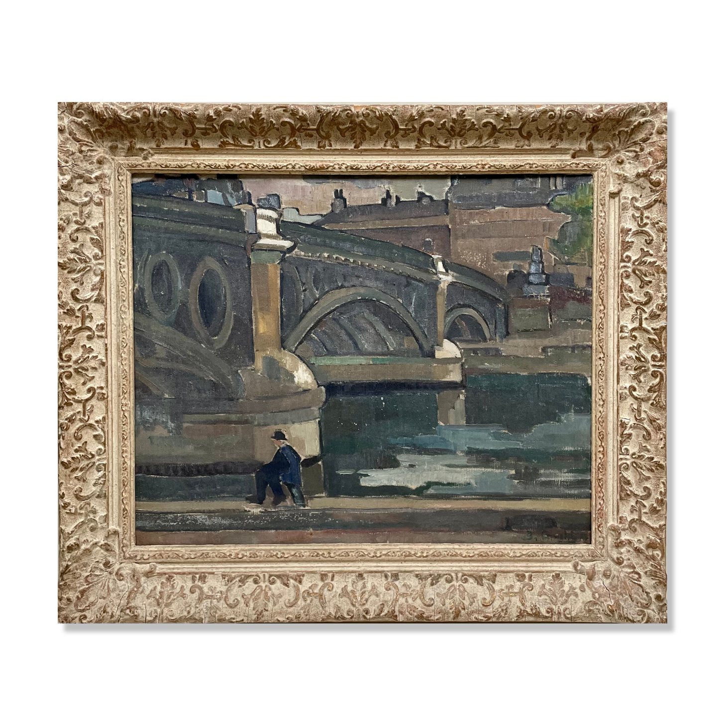 Peinture, un pêcheur en bord de seine