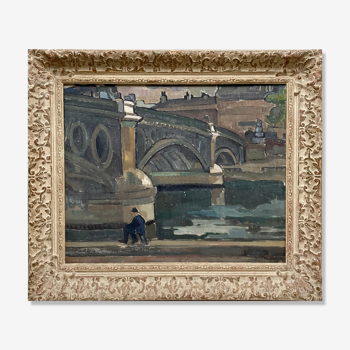 Painting, fisherman on the banks of the seine