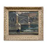Painting, fisherman on the banks of the seine
