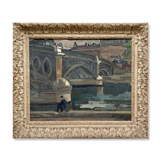 Painting, fisherman on the banks of the seine