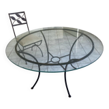 green table on wrought iron legs + 6 matching chairs