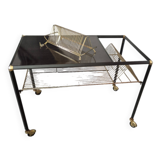 Table basse d'appoint vintage a roulettes porte vinyles 45t