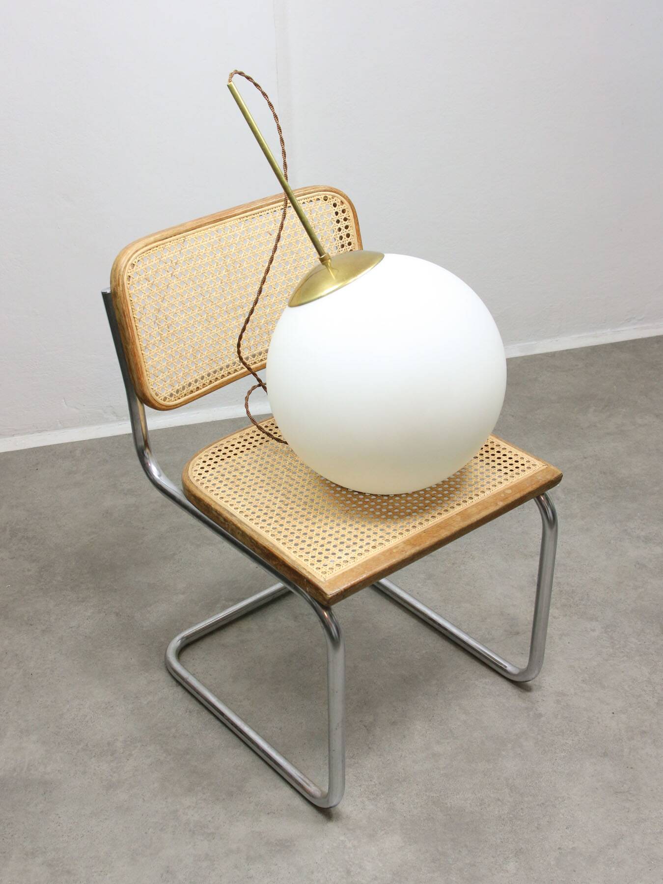 Large mid-century italian opaline & brass sphere pendant lamp
