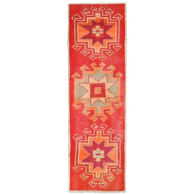Vintage Turkish Hand-Knotted Wool Cotton Red Runner Rug 88x299