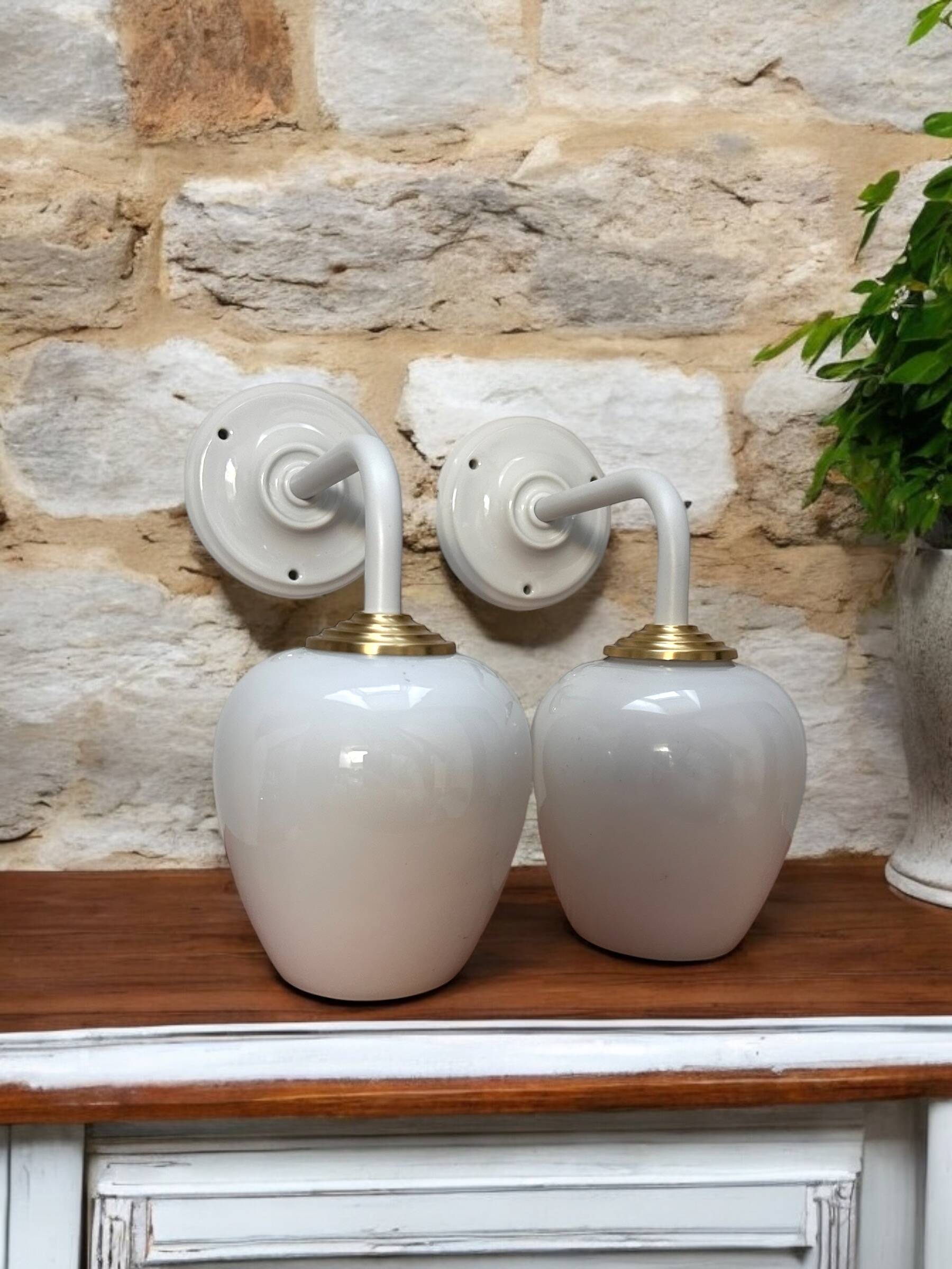 Pair of vintage white opaline wall lights