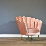 Art deco petal armchair in powder pink velvet and brass legs