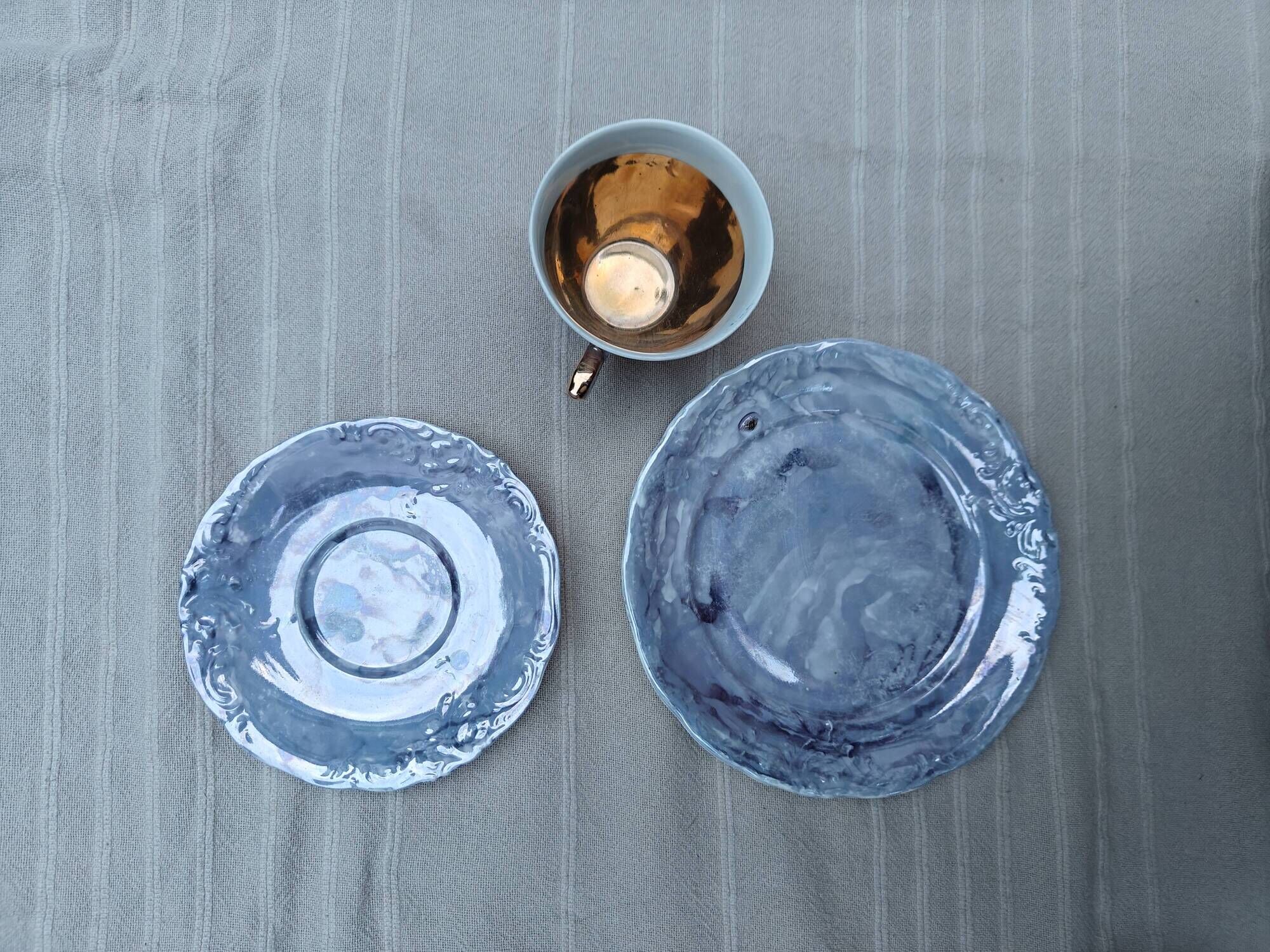 Vintage Marble Purple & Gold Interior Porcelain Coffee/Tea Trio -