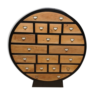 MEUBLE ROND to 20 drawers patinated black raw cellar wine convenient craft barrel
