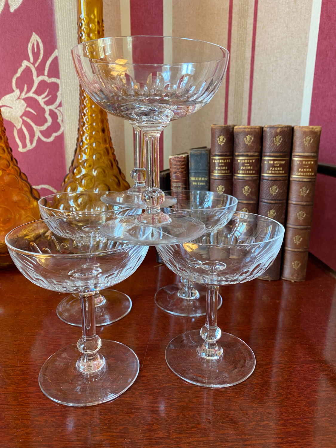 6 1920's crystal champagne glasses