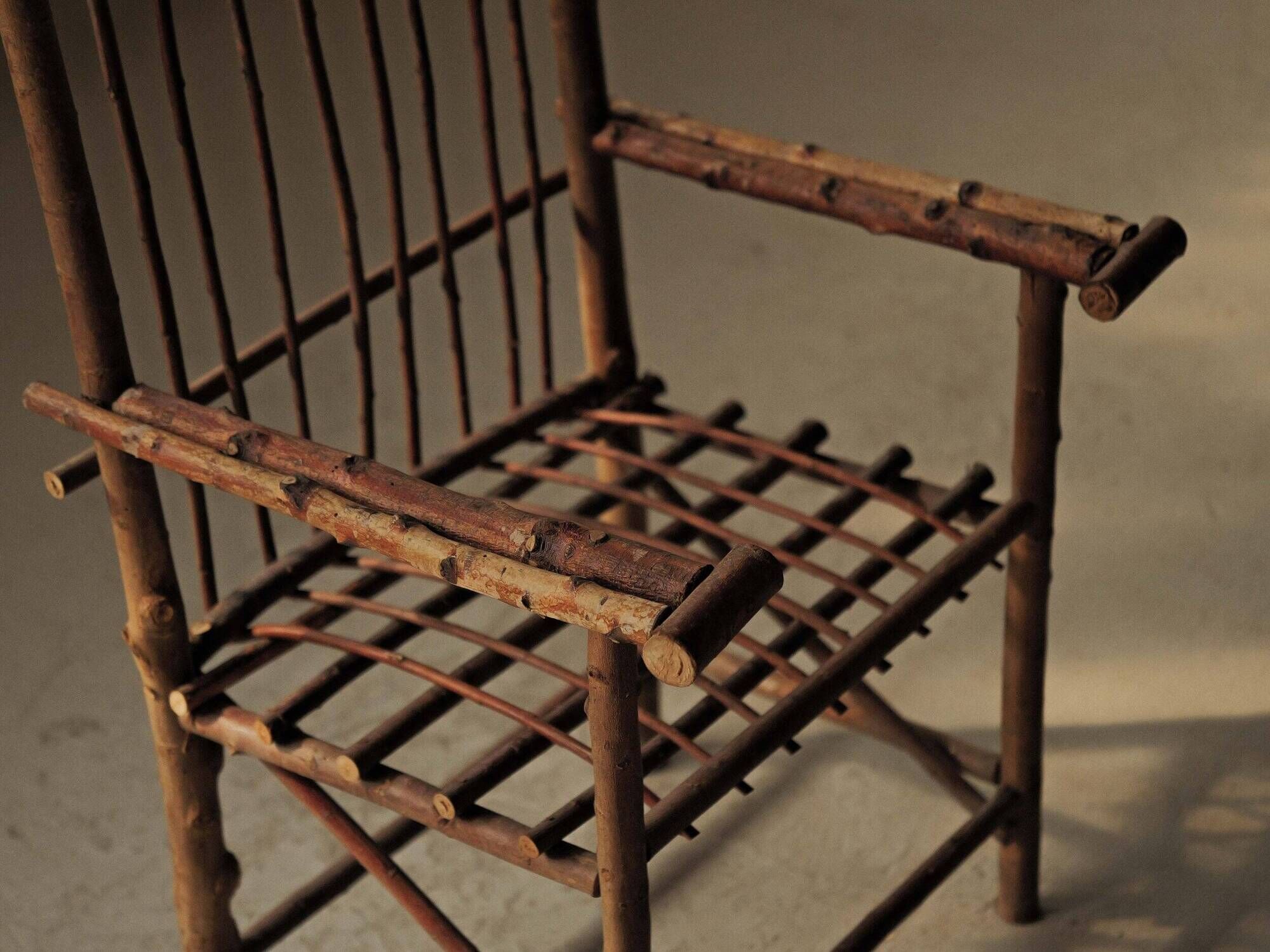 Brutalist armchair made of hazel branches, circa 1970.