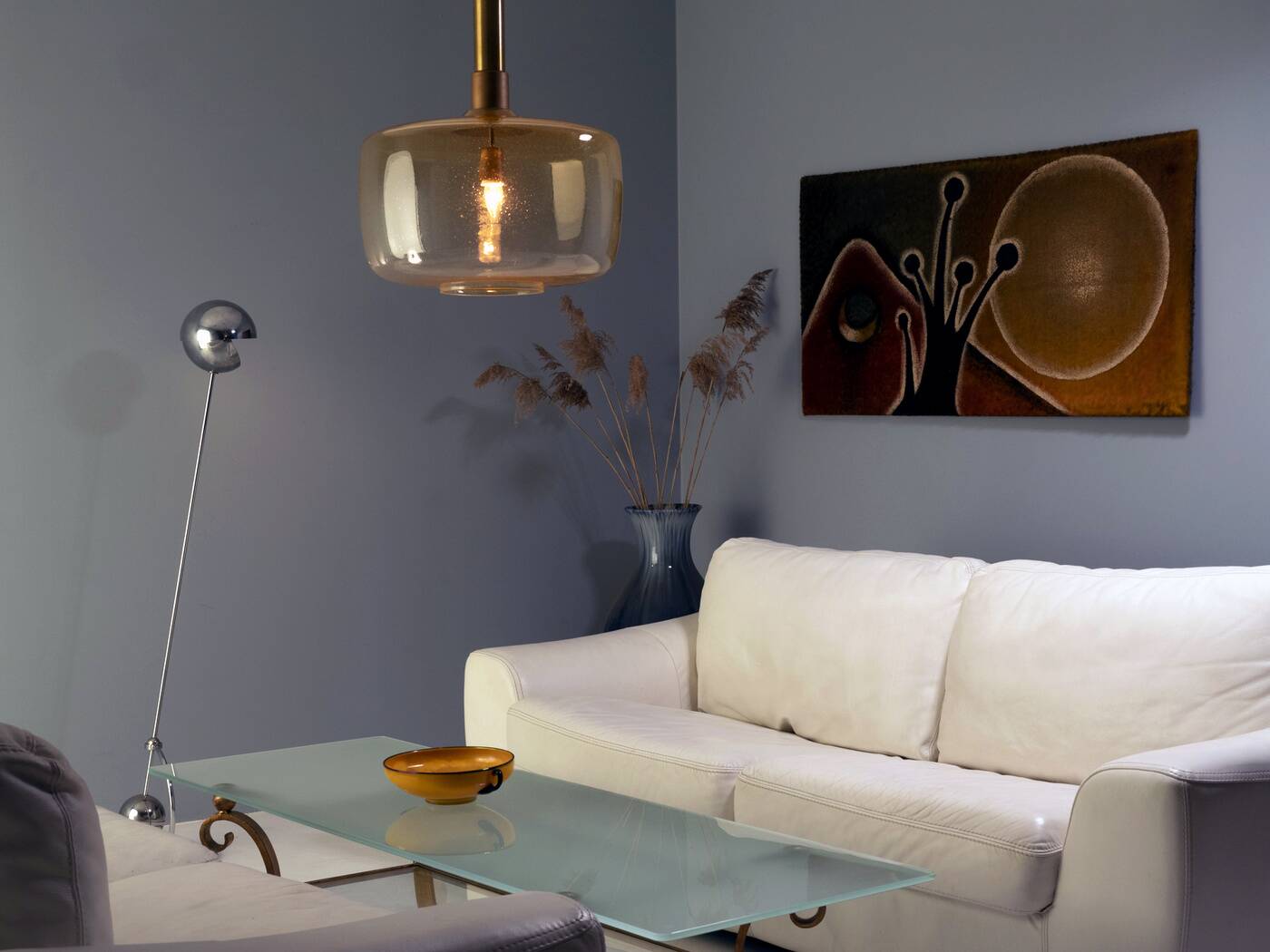 Paysage avec soleil et lune, peinture sur textile, années 1970