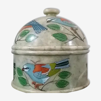 Boîte à bijoux en marbre " Une boîte ronde en marbre, pièce unique peinte à la main oiseaux colorés.