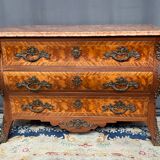 Louis XIV style commode. Walnut burl veneer and rosewood.