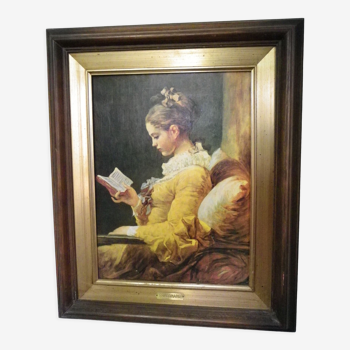 Tableau reproduction jeune fille lisant, peinture impression huile sur toile vintage