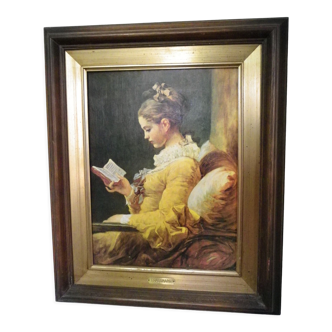 Table reproduction, young girl reading, painting oil printing on vintage canvas