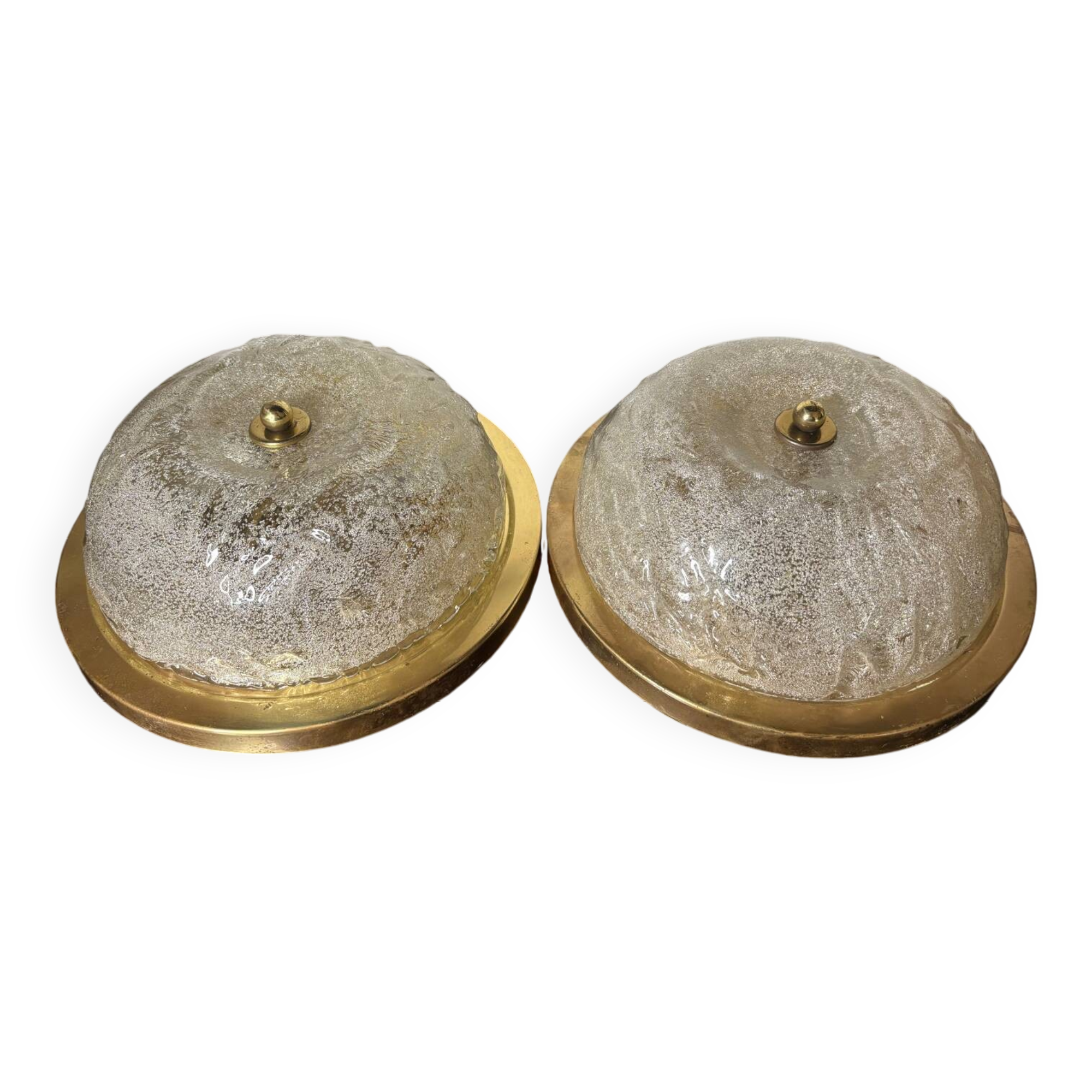 Pair of glass and gold brass ceiling lights, 1970s