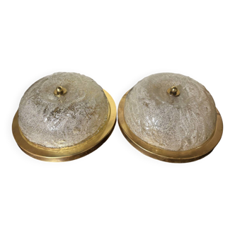 Pair of glass and gold brass ceiling lights, 1970s