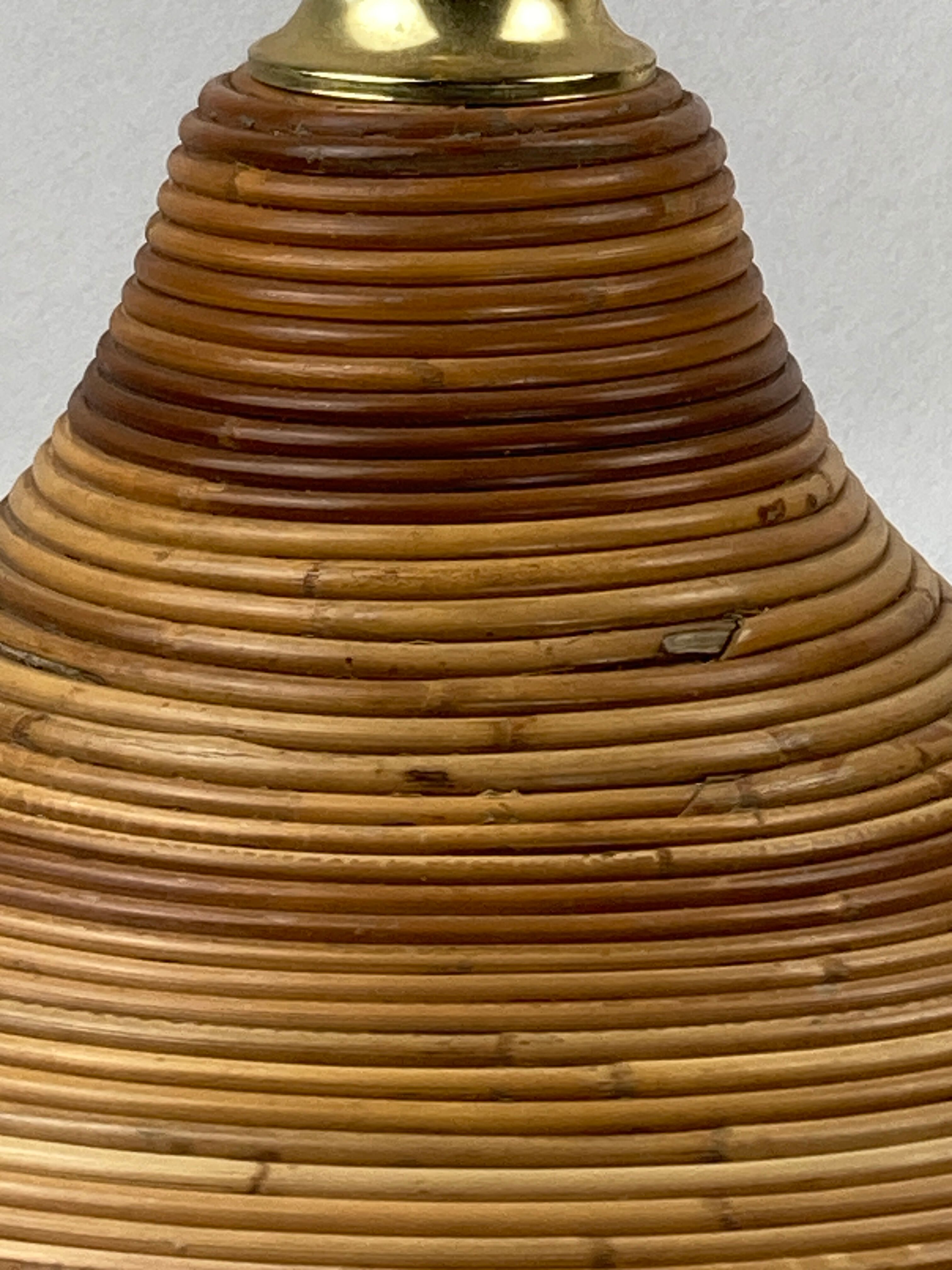 Pencil split reed rattan bamboo and brass pendant Lamp, 1970s