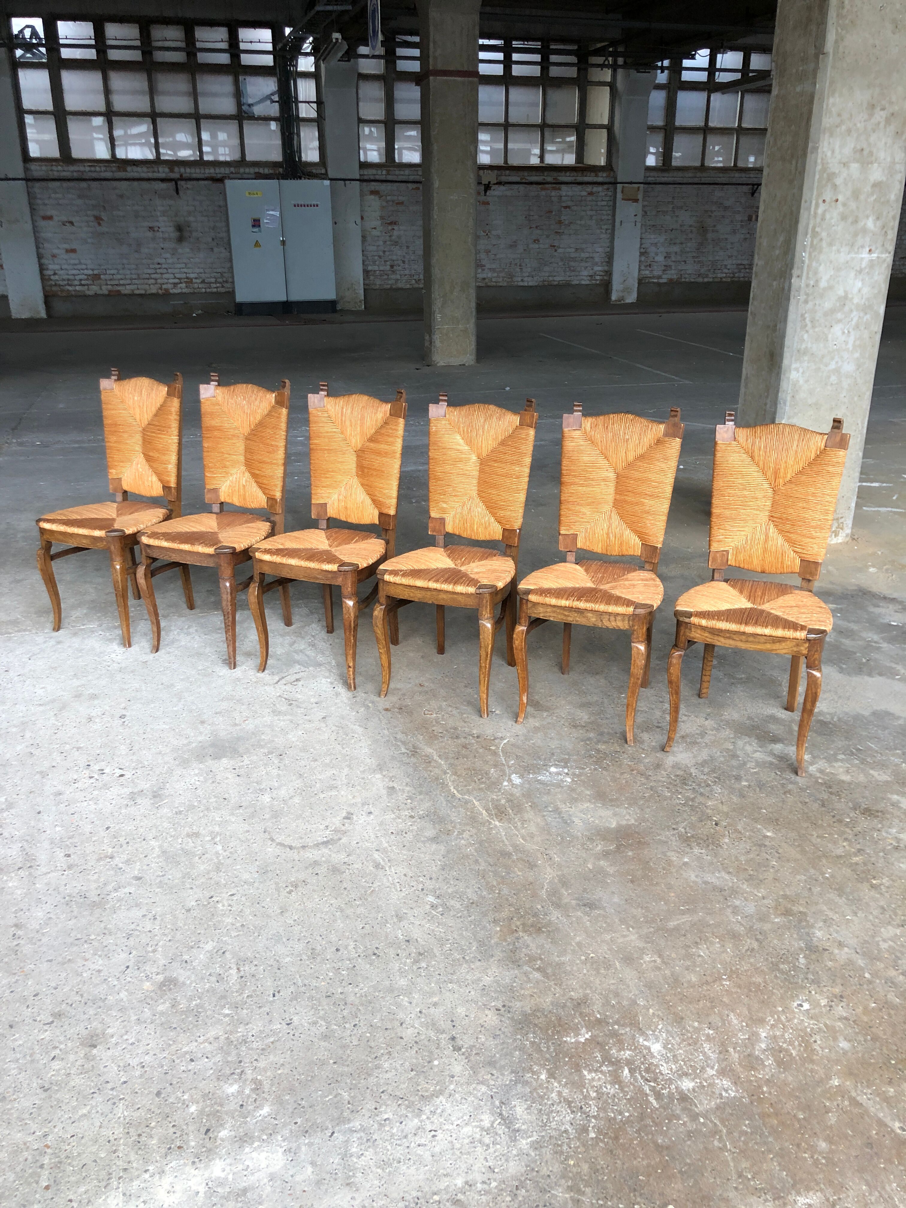 Dining chairs with rush made of oak wood, France 1950s, Set of 6