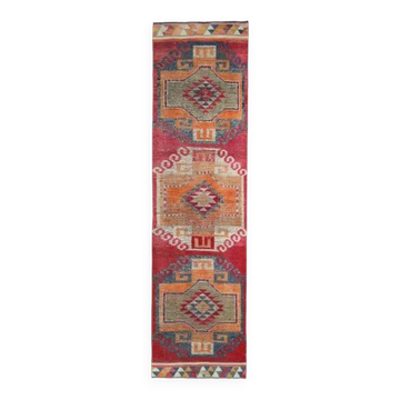 Tapis couloir vintage en laine et coton turc noué à la main rose 94x358