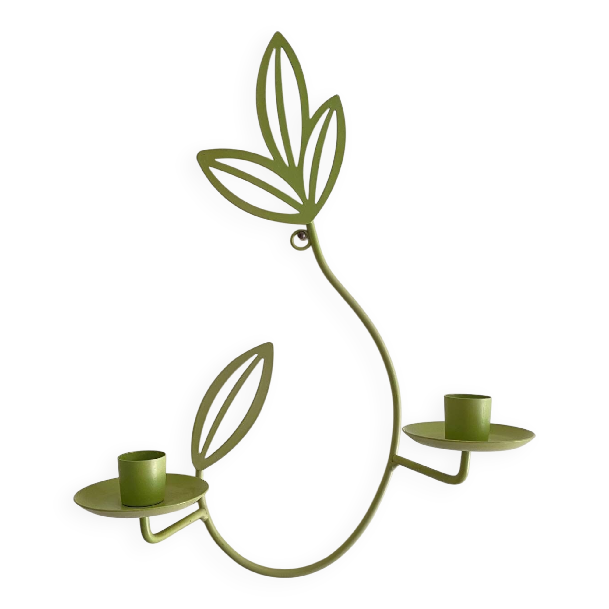 Wall Candle Holder, Green Metal Leaves