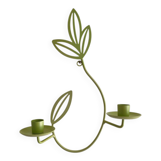 Wall Candle Holder, Green Metal Leaves