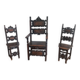 Set of an armchair and a pair of chairs in Italian Renaissance walnut