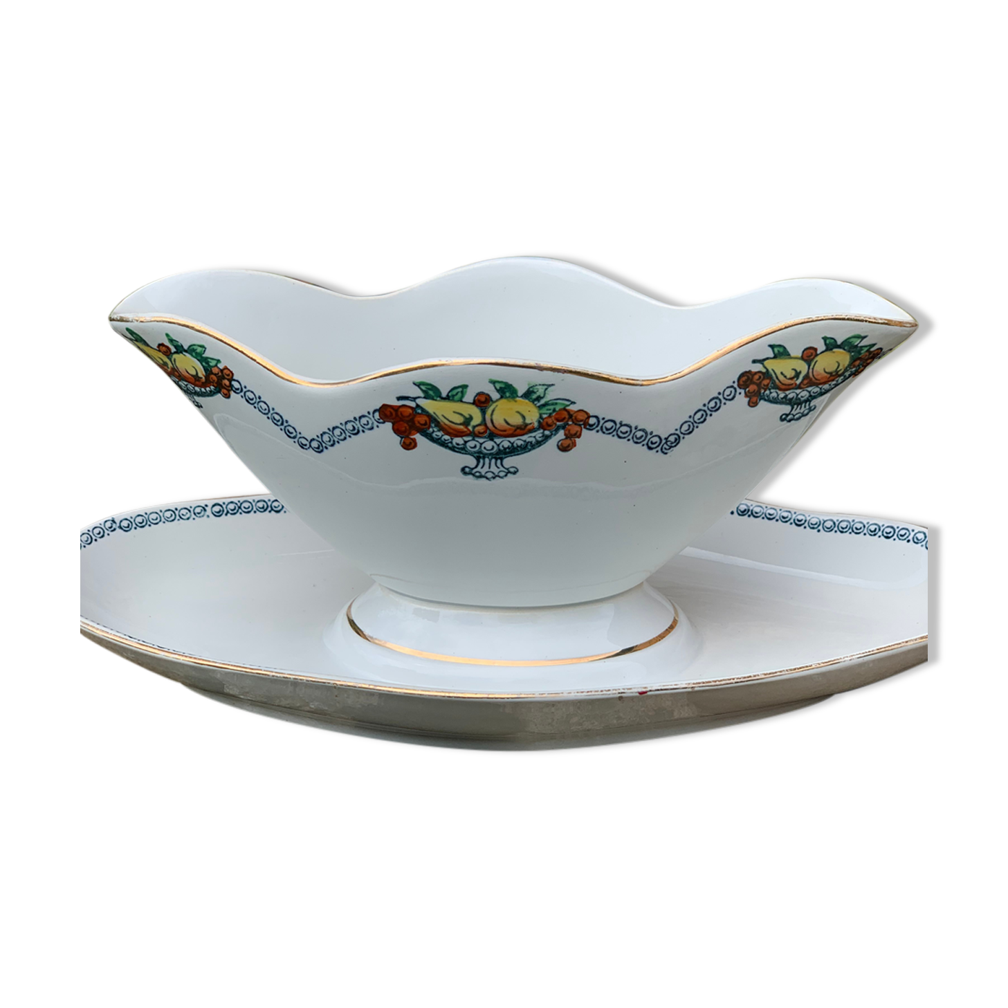 Saucière à plateau adhérent ancienne, Faïence, Saint Amand