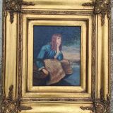 Peinture à l huile encadrée signée  R.T- cadre en bois doré -
