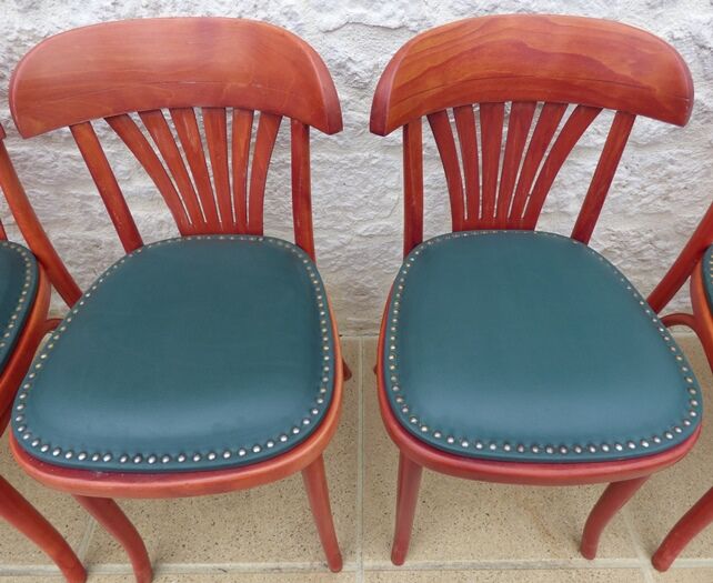 6 professional bar bistro chairs with green imitation seats in their patinas
