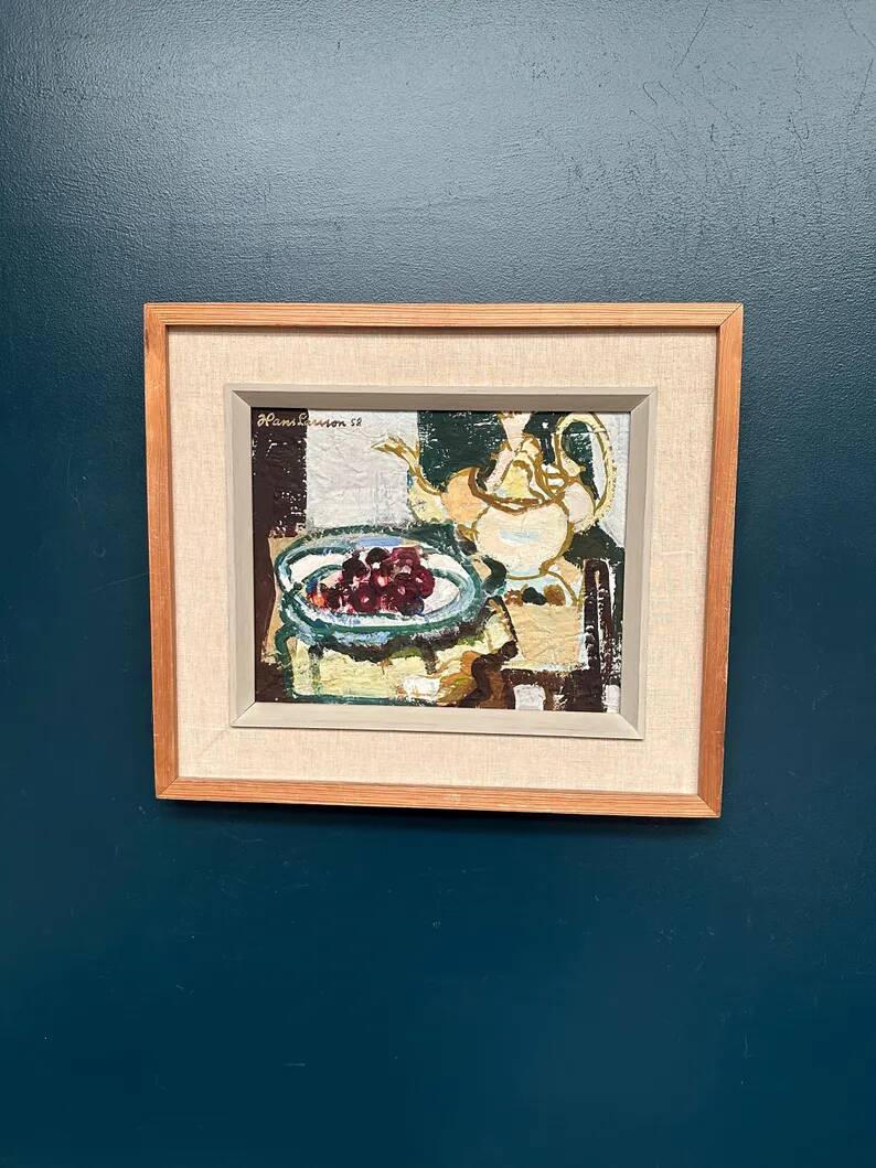 Original Swedish Oil on Panel "Fruits and Teapot" by Hans Larsson – Framed