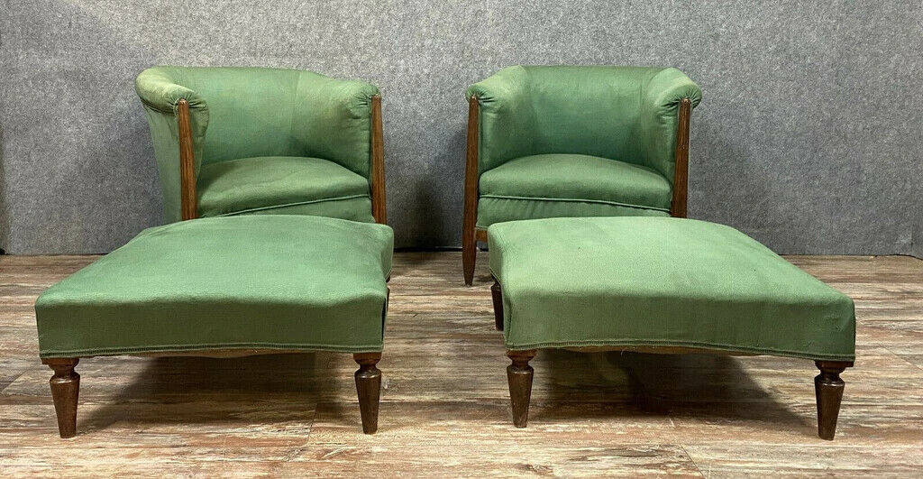 Pair of art nouveau period armchairs in natural wood with footrests