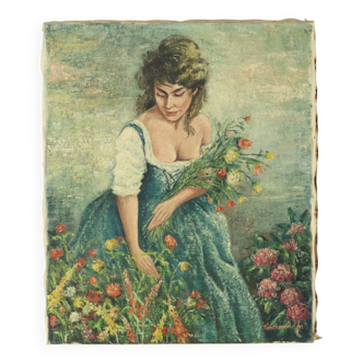 Vintage Painting Woman Picking Flowers Acrylic on Canvas Signed