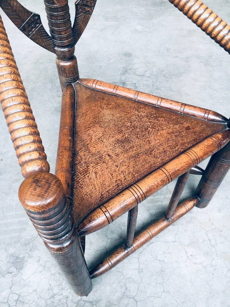Brutalist Carved Oak Tripod Monk Chair, Sweden, 1930s