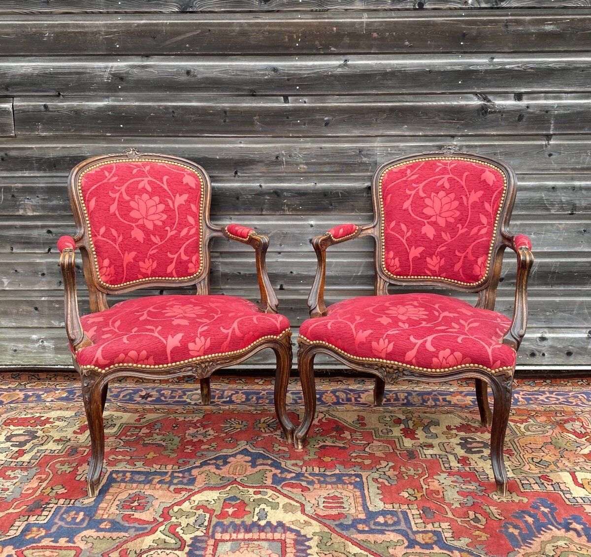 Pair of armchairs in natural wood style Louis XV XIXth century
