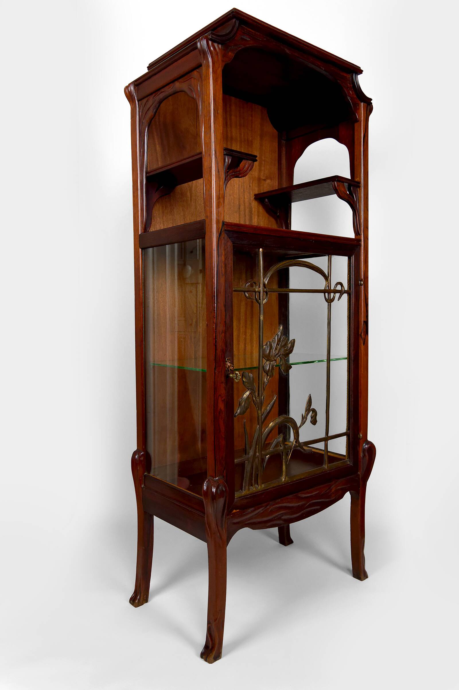 Art Nouveau Display Case, Bronzes and Carved Wood on a Lake Theme, 1900