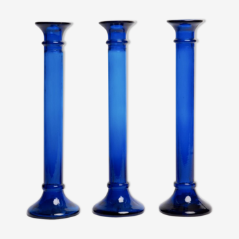 Three cobalt blue candlesticks