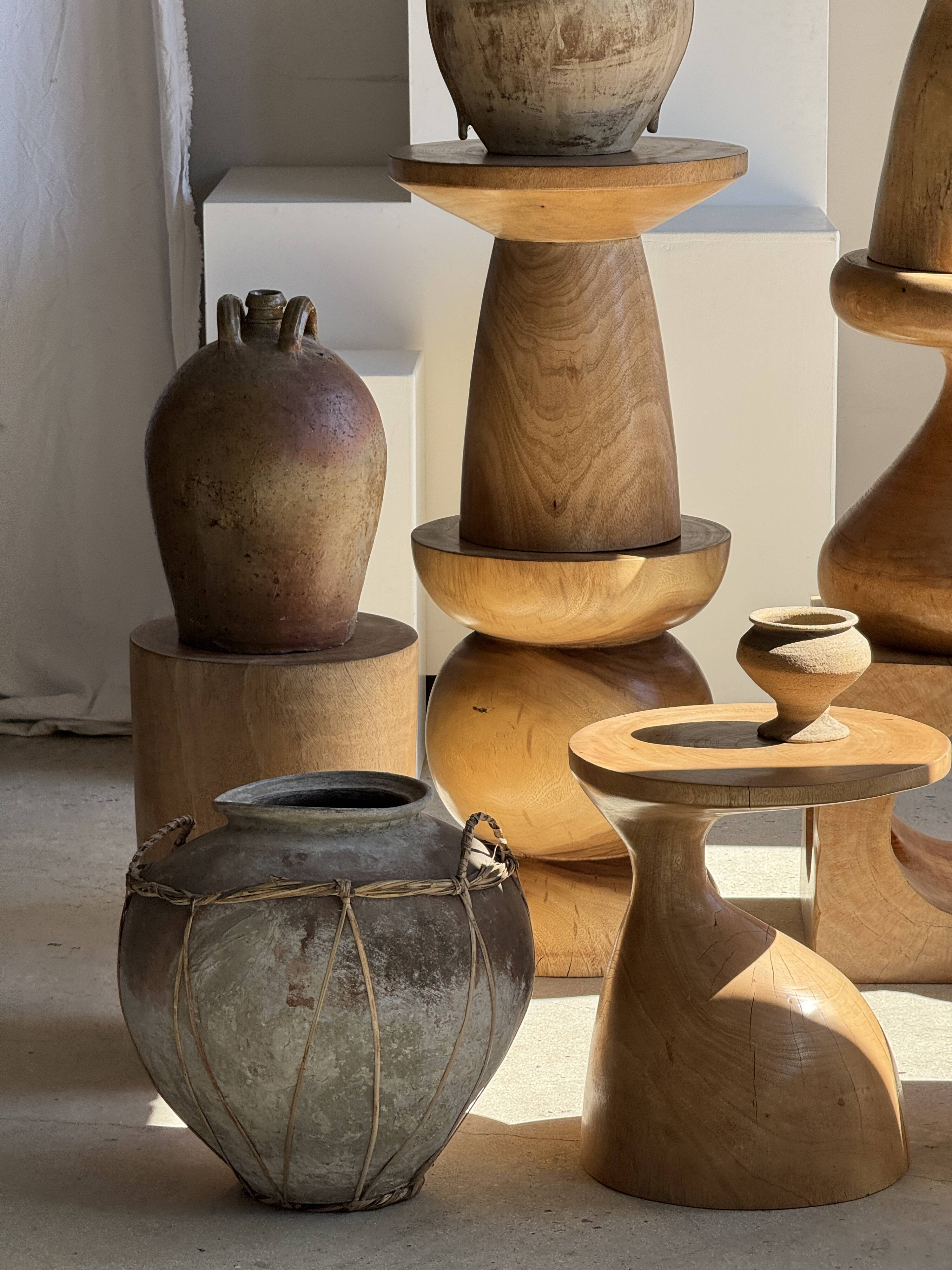 Stool, side table, cylindrical solid mango wood end table.