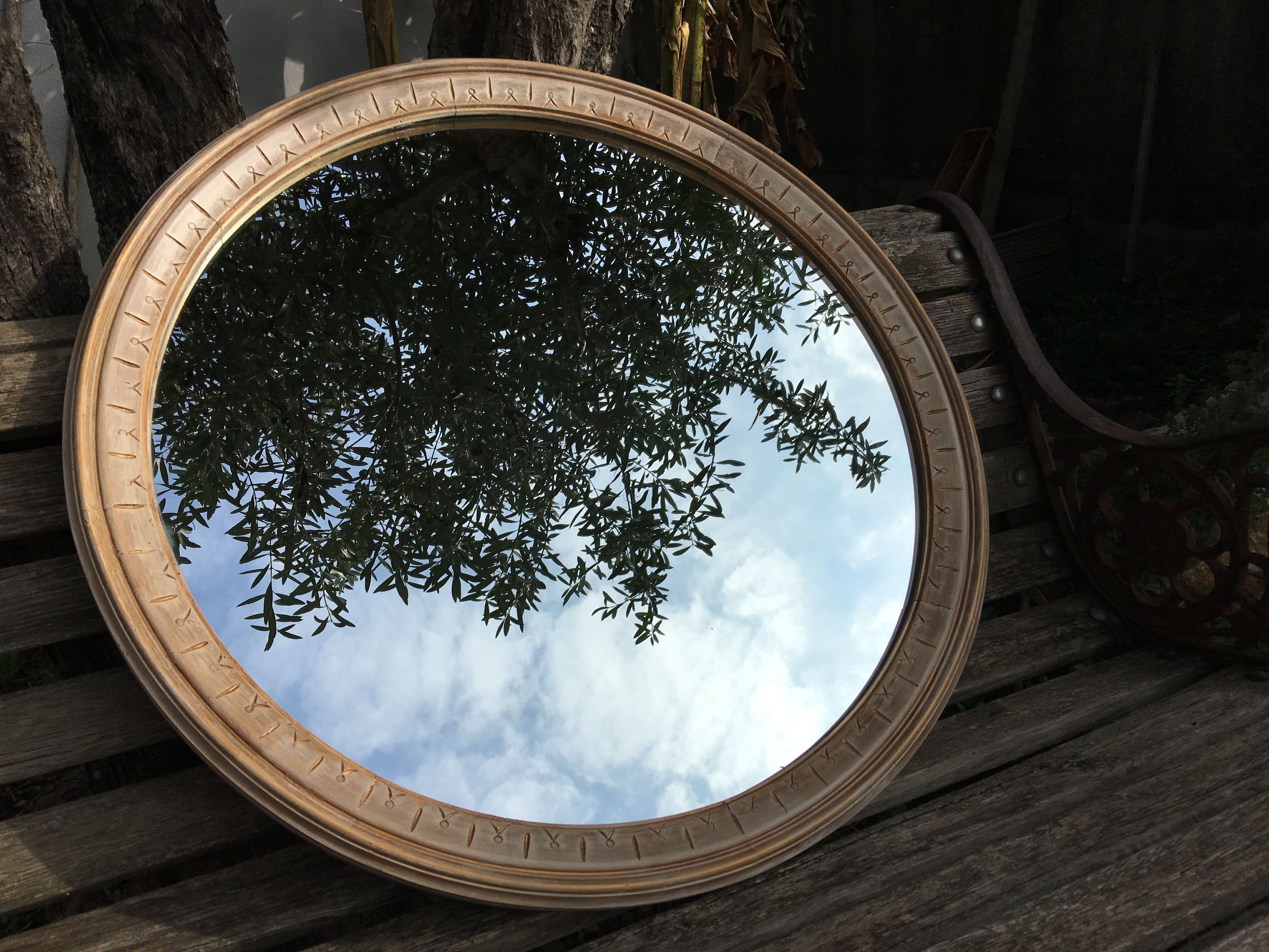 Large round mirror frame patinated wood 70 cm