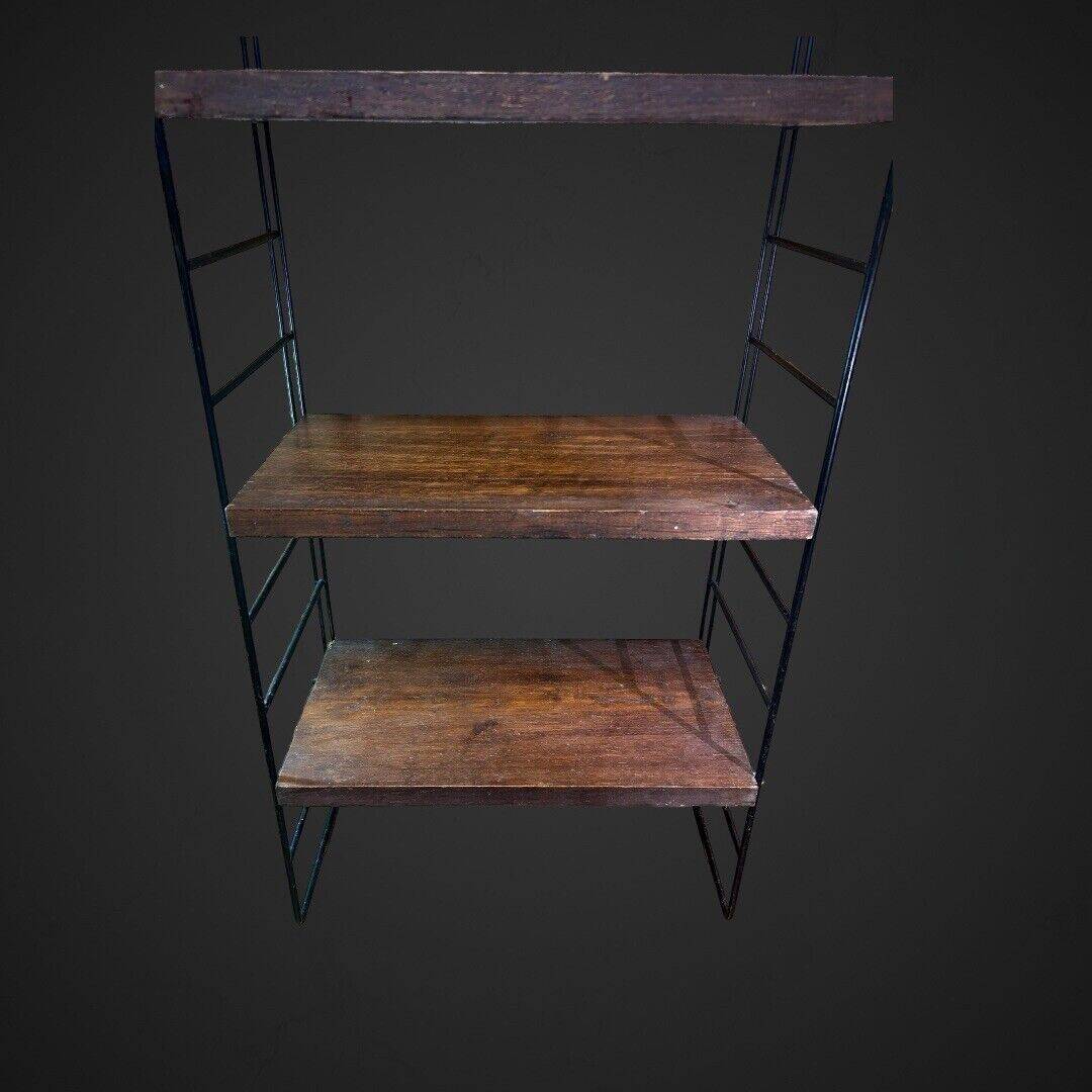 60's string wall shelf black lacquered metal oak, vintage