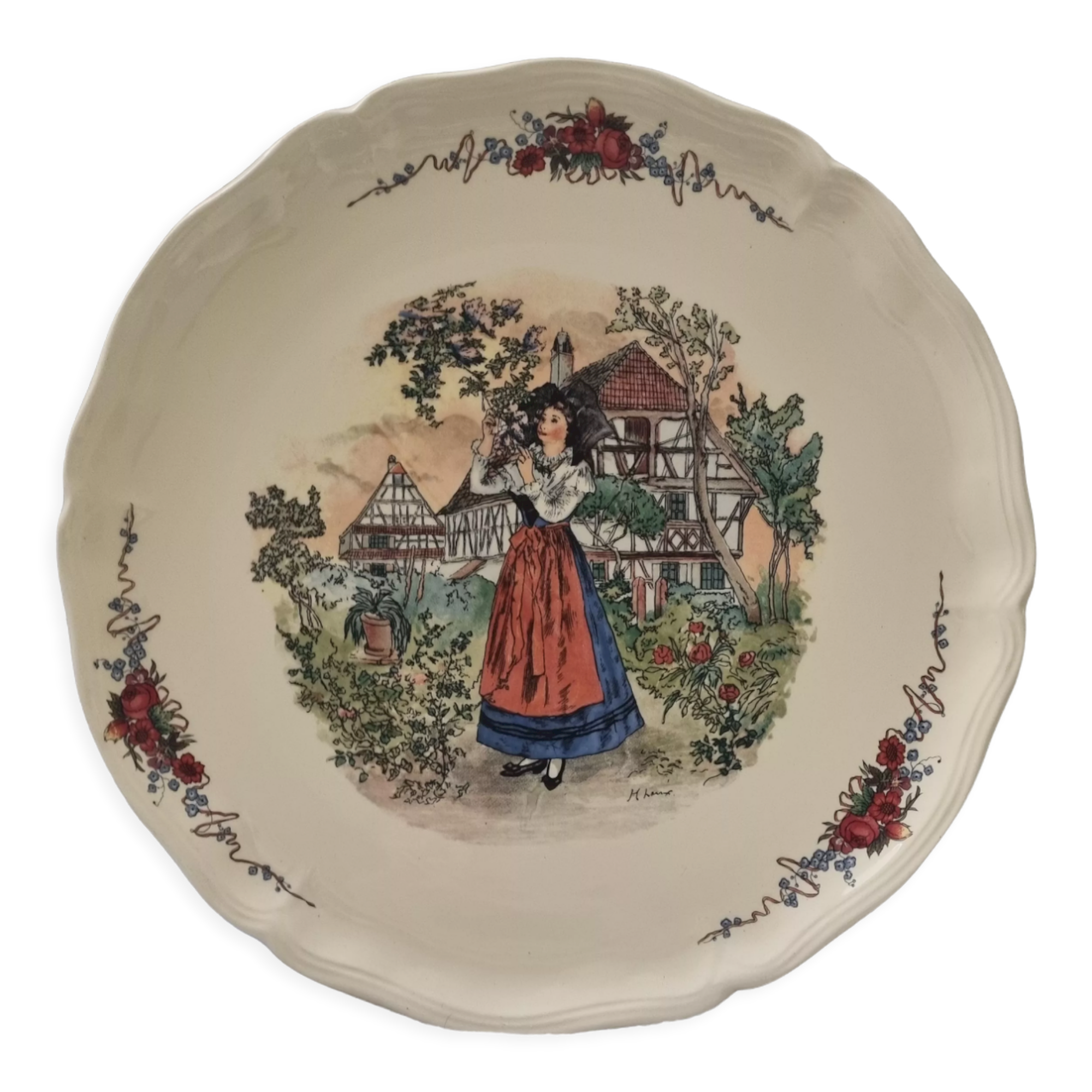Large round serving dish earthenware Sarreguemines - OBERNAI - H. LOUX