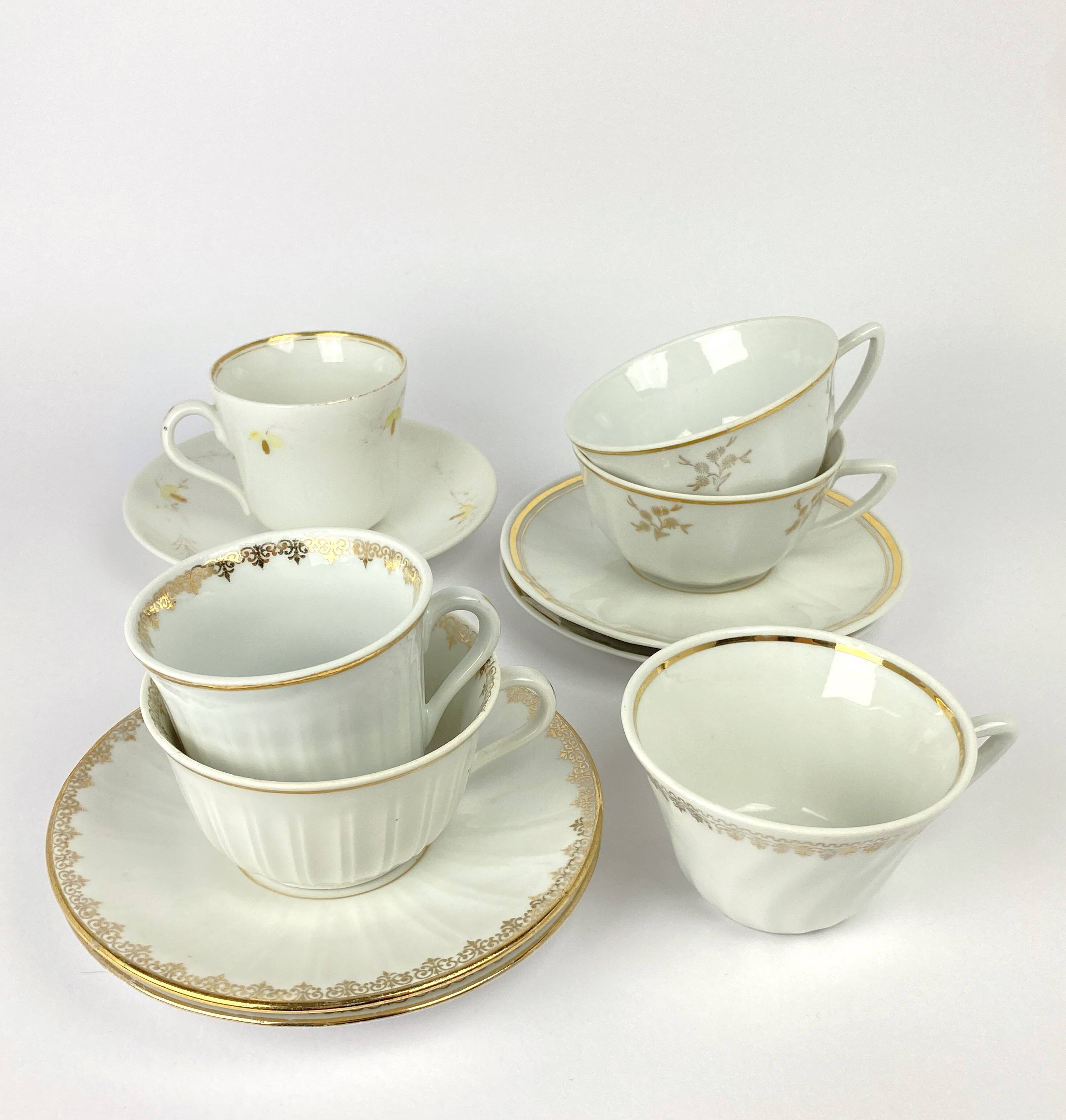 Vintage Mismatched Set of 6 Porcelain Cups and 5 Saucers - Gold