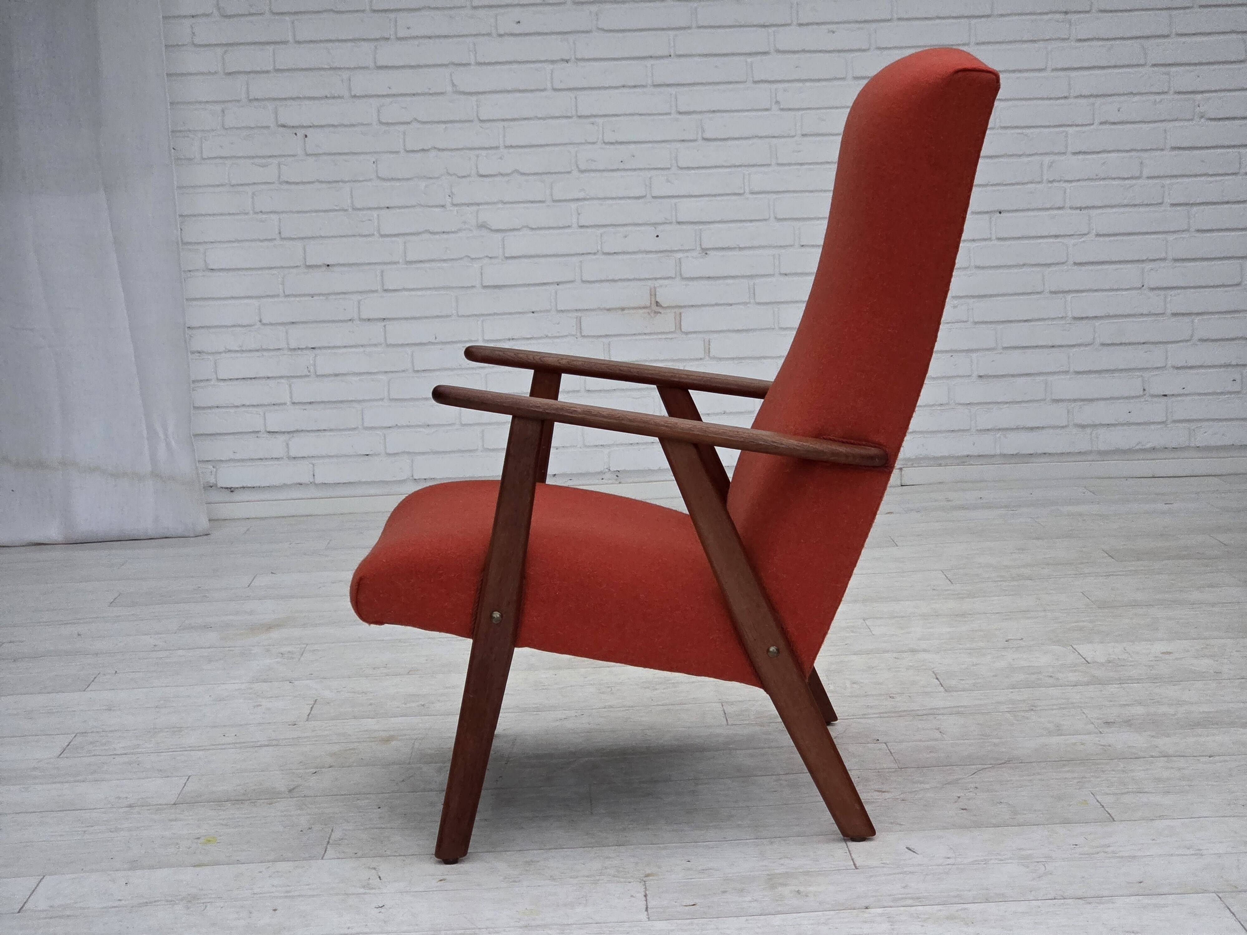 1970s, Danish highback armchair, furniture wool, teak wood, oak wood.