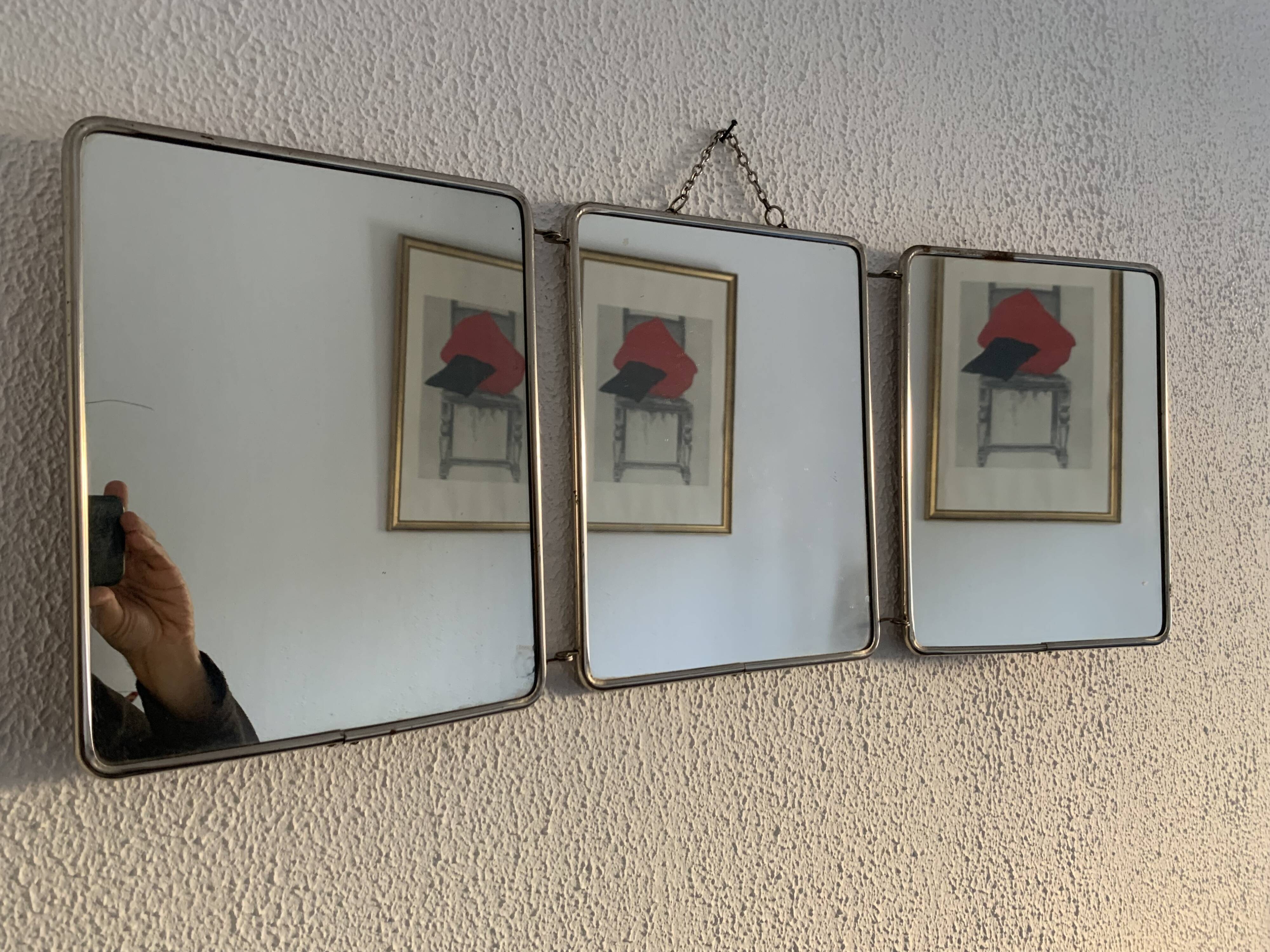 Miroir vintage 1950 triptyque barbier coiffeuse brique - 27 x 67 cm