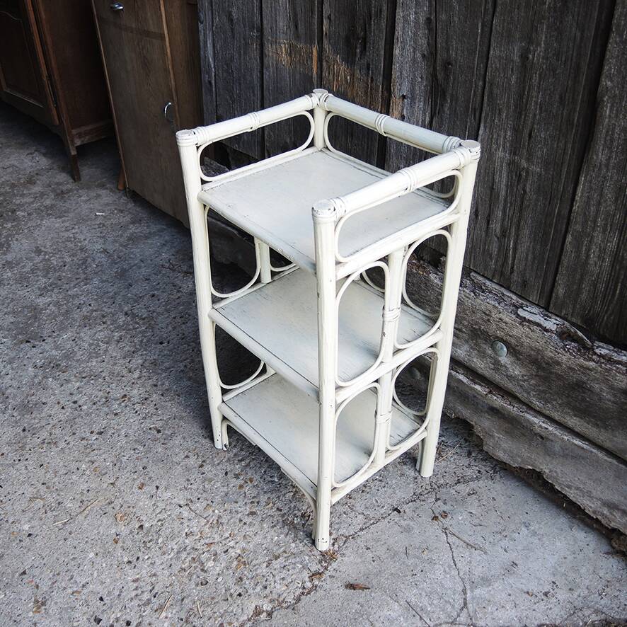 Antique white rattan bedside shelf